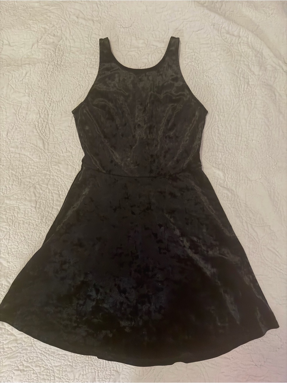 Women's Black crushed Velvet Fit-and-Flare Dress with mesh back panel